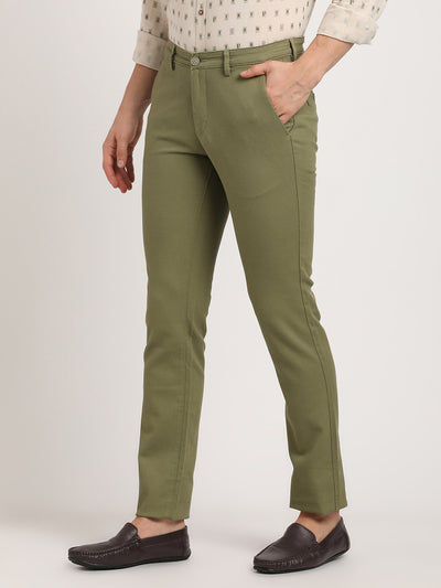 Cotton Stretch Olive Dobby Ultra Slim Fit Flat Front Casual Trouser