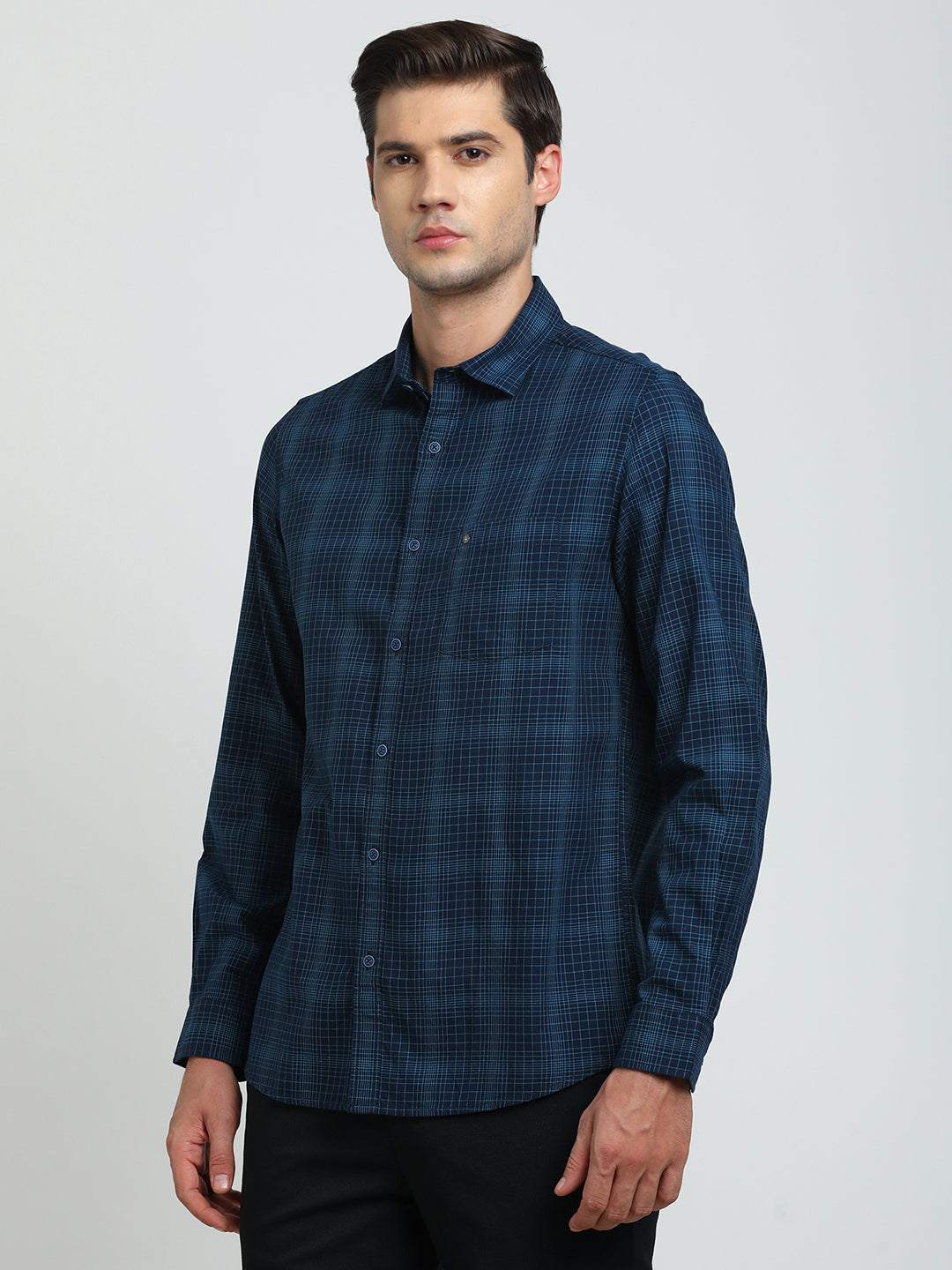 100% Cotton Navy Blue Checkered Slim Fit Full Sleeve Casual Shirt