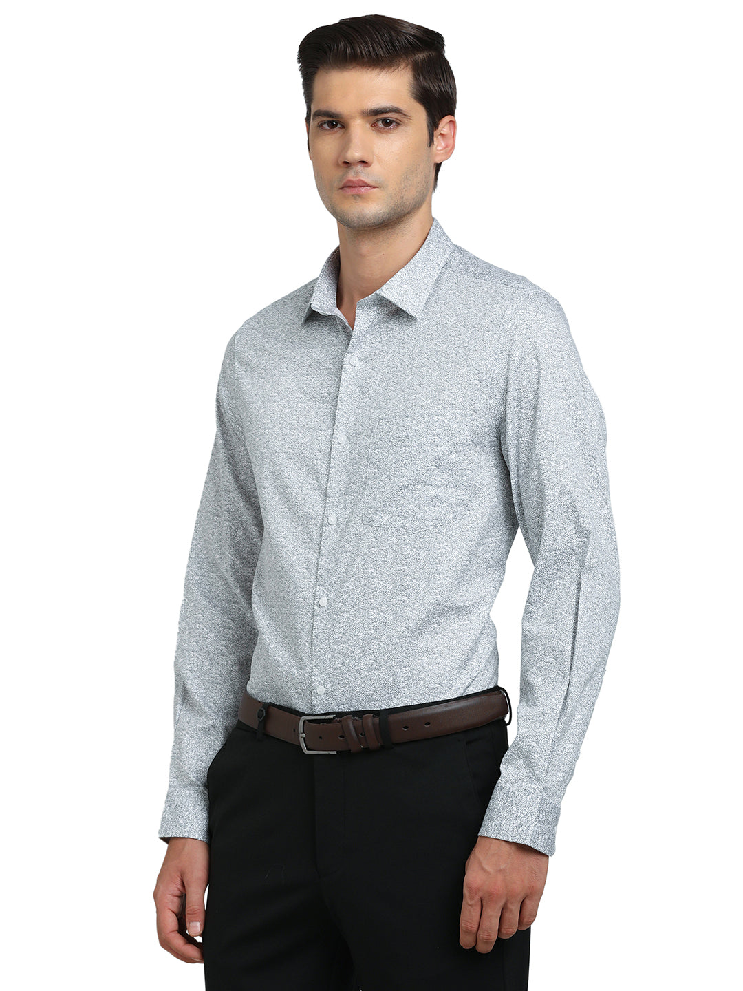 100% Cotton Grey Printed Slim Fit Full Sleeve Formal Shirt