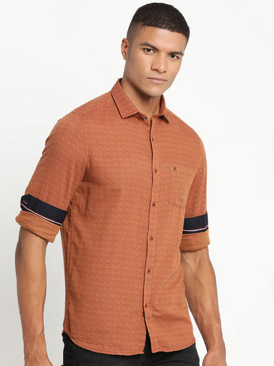 100% Cotton Orange Printed Slim Fit Full Sleeve Casual Shirt