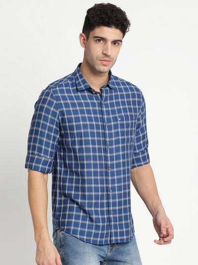 Cotton Linen Blue Checkered Slim Fit Full Sleeve Casual Shirt