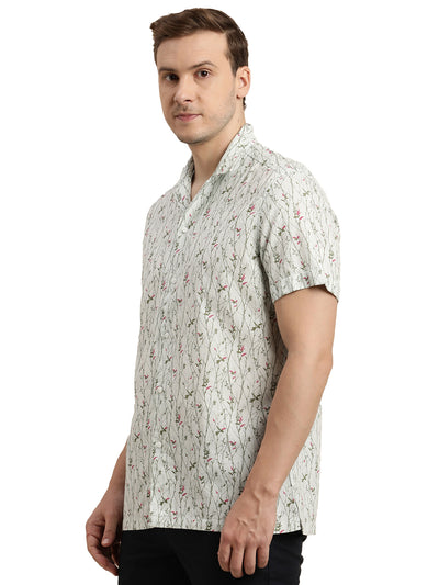 Cotton Linen Cream Printed Slim Fit Half Sleeve Casual Shirt