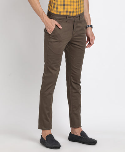 Cotton Stretch Brown Printed Narrow Fit Flat Front Casual Trouser