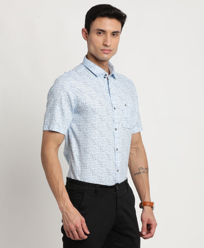 100% Cotton Blue Printed Slim Fit Half Sleeve Casual Shirt