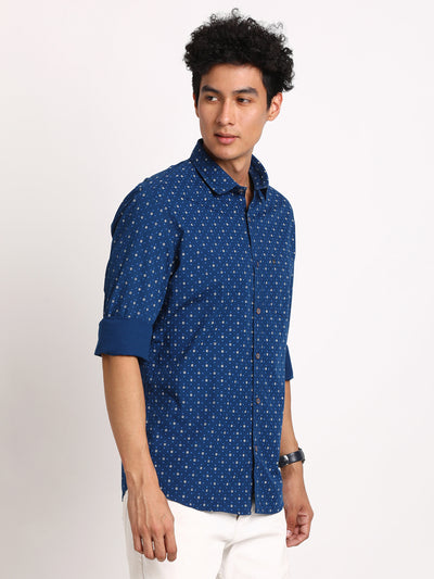 100% Cotton Blue Printed Slim Fit Full Sleeve Casual Shirt