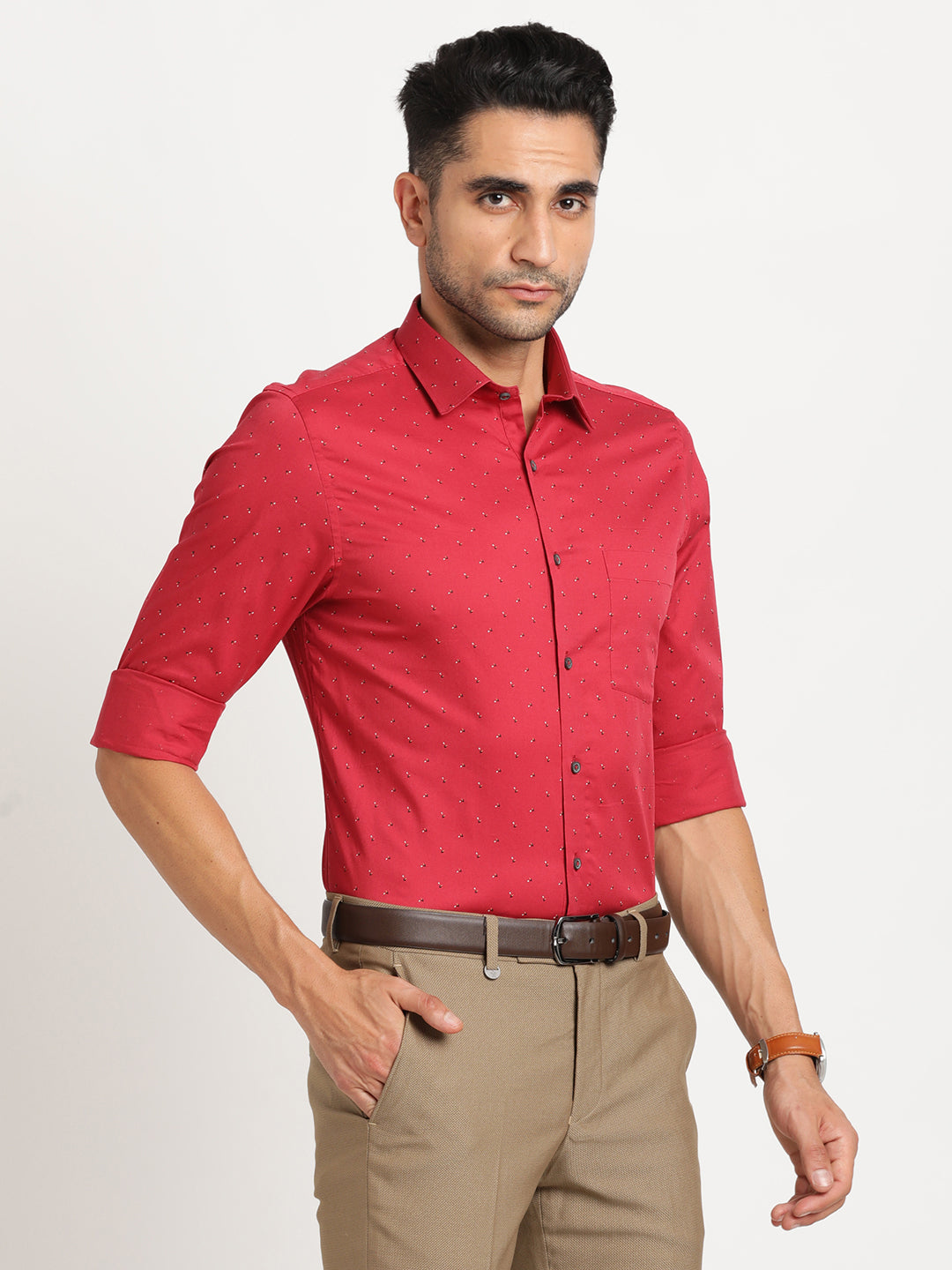 100% Cotton Red Printed Slim Fit Full Sleeve Formal Shirt