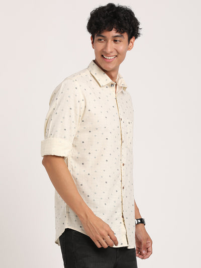 Cotton Melange Cream Printed Slim Fit Full Sleeve Casual Shirt