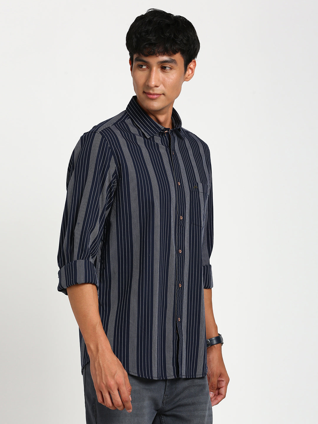 100% Cotton Navy Blue Striped Slim Fit Full Sleeve Casual Shirt