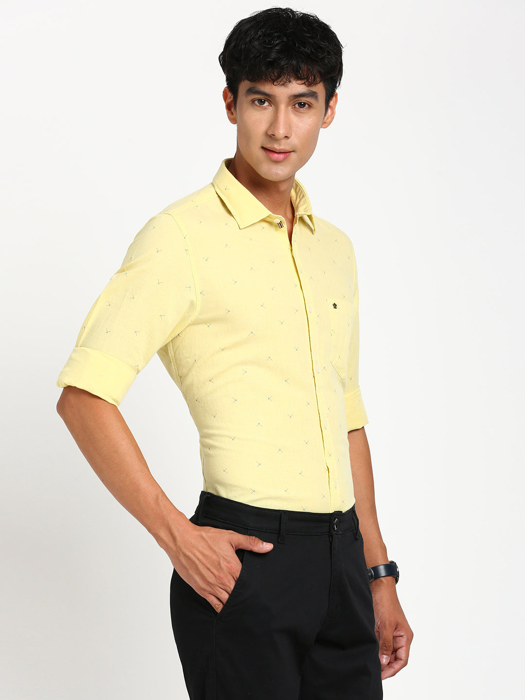 Cotton Linen Yellow Plain Slim Fit Full Sleeve Casual Shirt