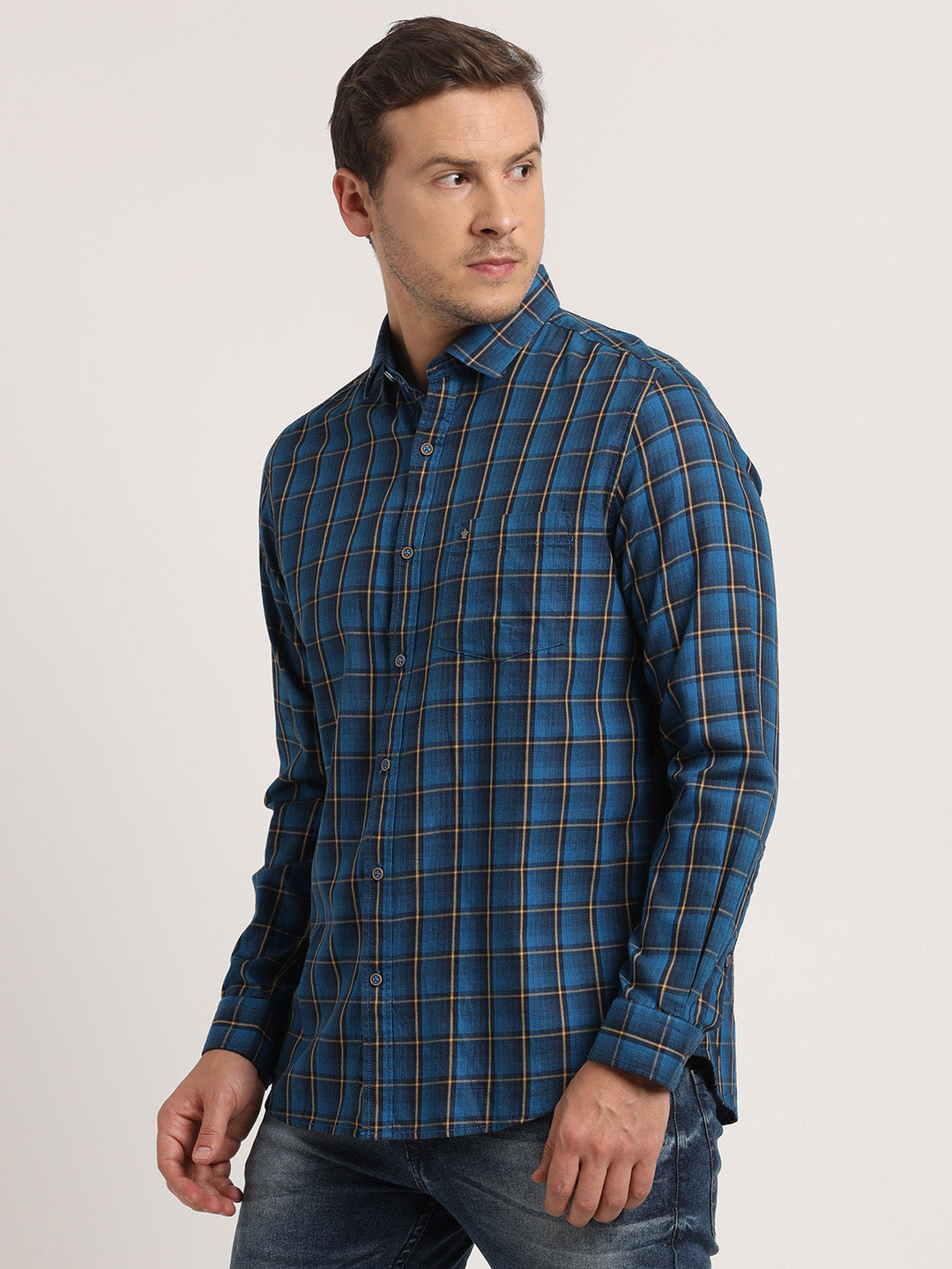 100% Cotton Blue Checkered Slim Fit Full Sleeve Casual Shirt