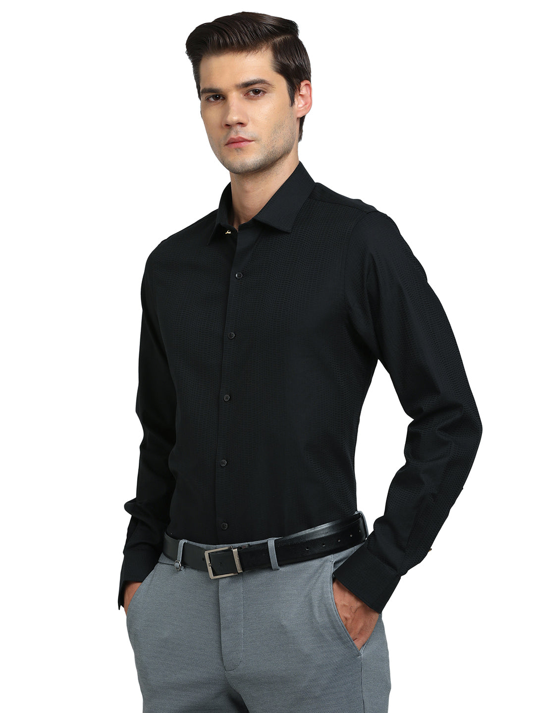 100% Cotton Black Jacquard Slim Fit Full Sleeve Ceremonial Shirt