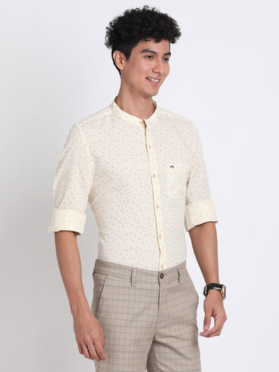 Cotton Linen Beige Printed Slim Fit Full Sleeve Casual Shirt