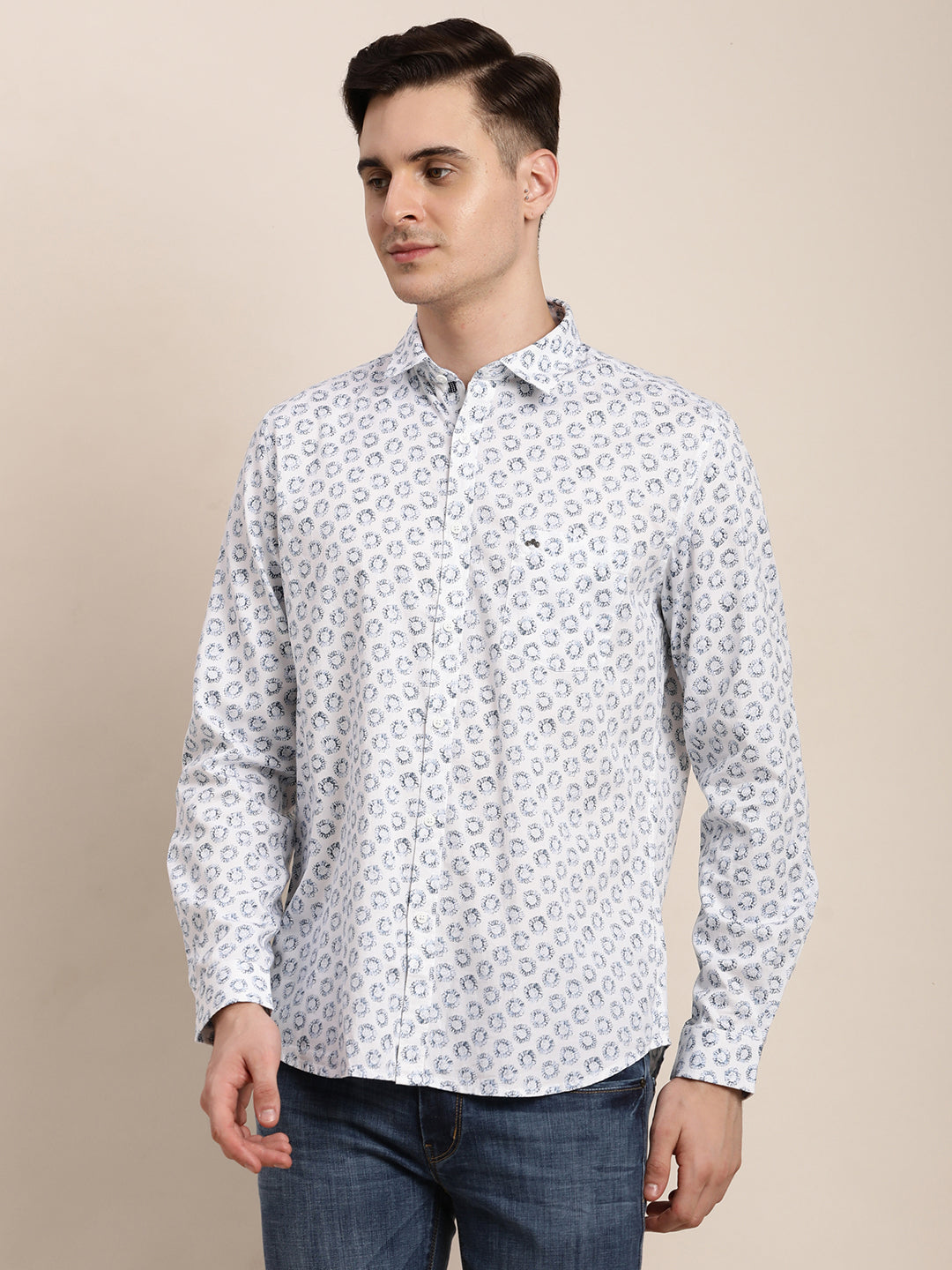 100% Cotton White Printed Slim Fit Full Sleeve Casual Shirt