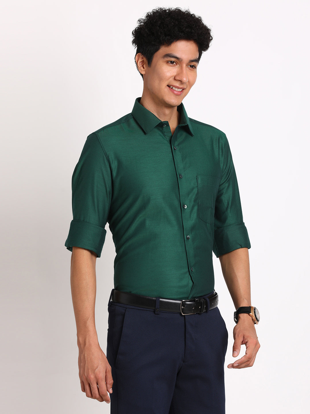 100% Cotton Dark Green Dobby Slim Fit Full Sleeve Formal Shirt