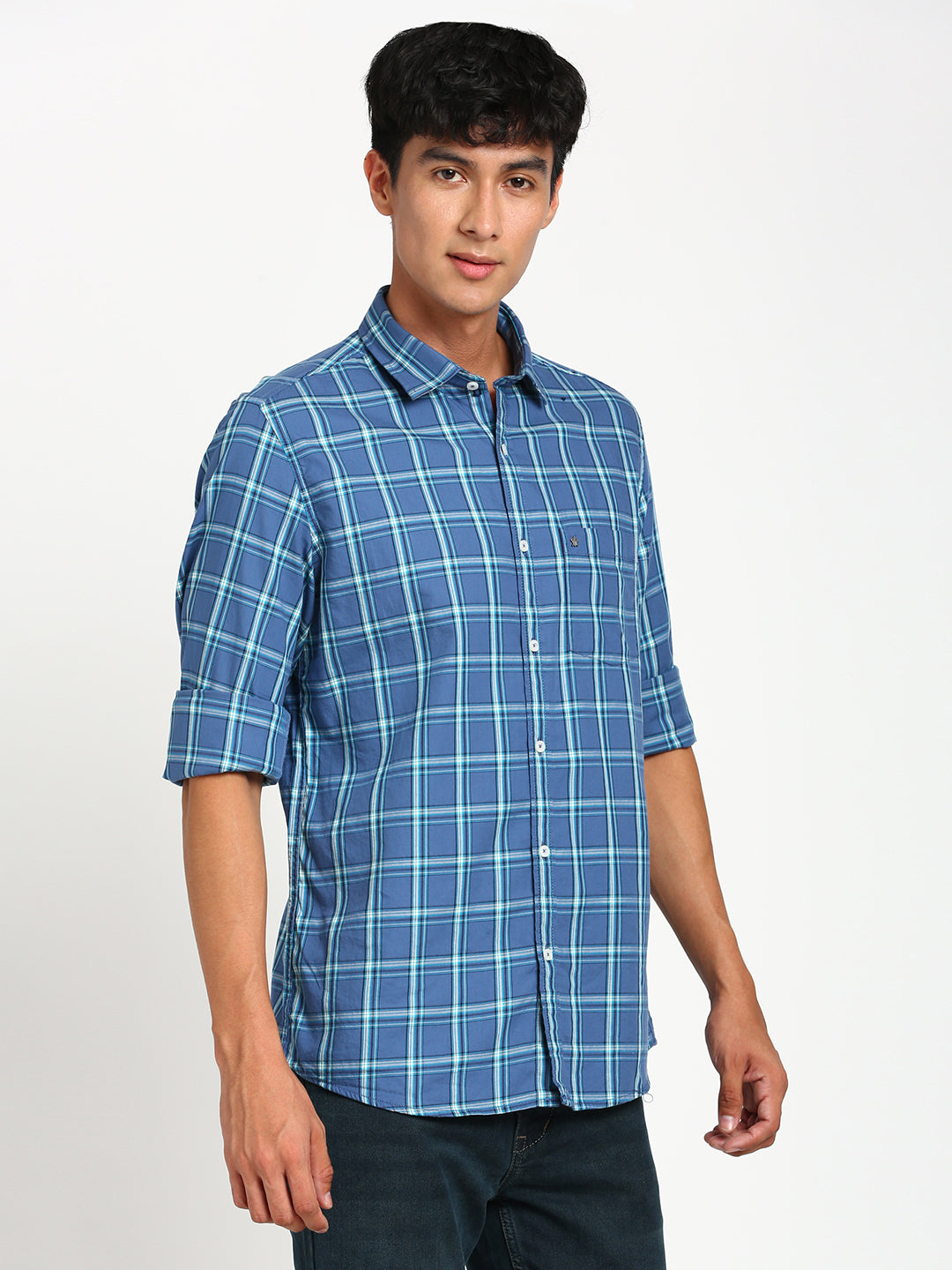 100% Cotton Blue Checkered Slim Fit Full Sleeve Casual Shirt