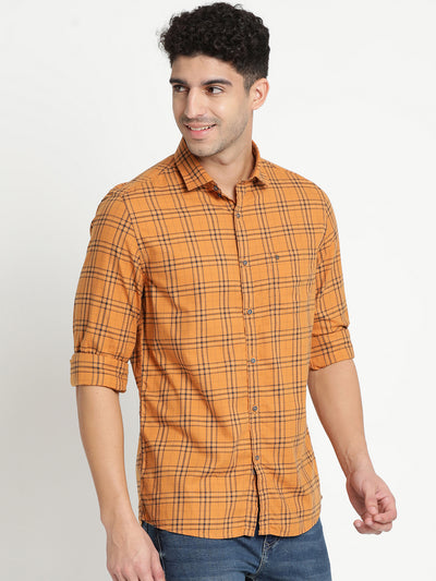 100% Cotton Orange Checkered Slim Fit Full Sleeve Casual Shirt