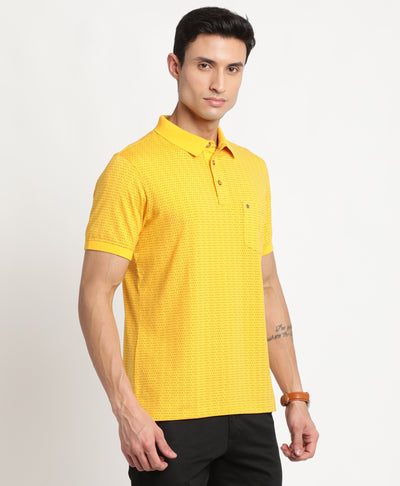 100% Cotton Yellow Printed Polo Neck Half Sleeve Casual T-Shirt