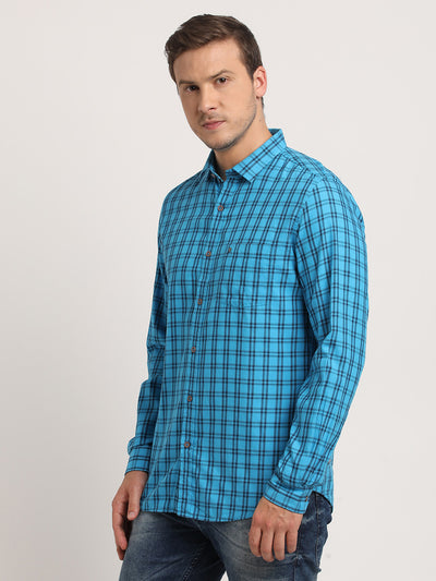 100% Cotton Sky Blue Checkered Slim Fit Full Sleeve Casual Shirt