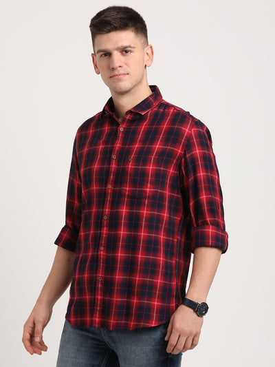 100% Cotton Dark Blue Checkered Slim Fit Full Sleeve Casual Shirt