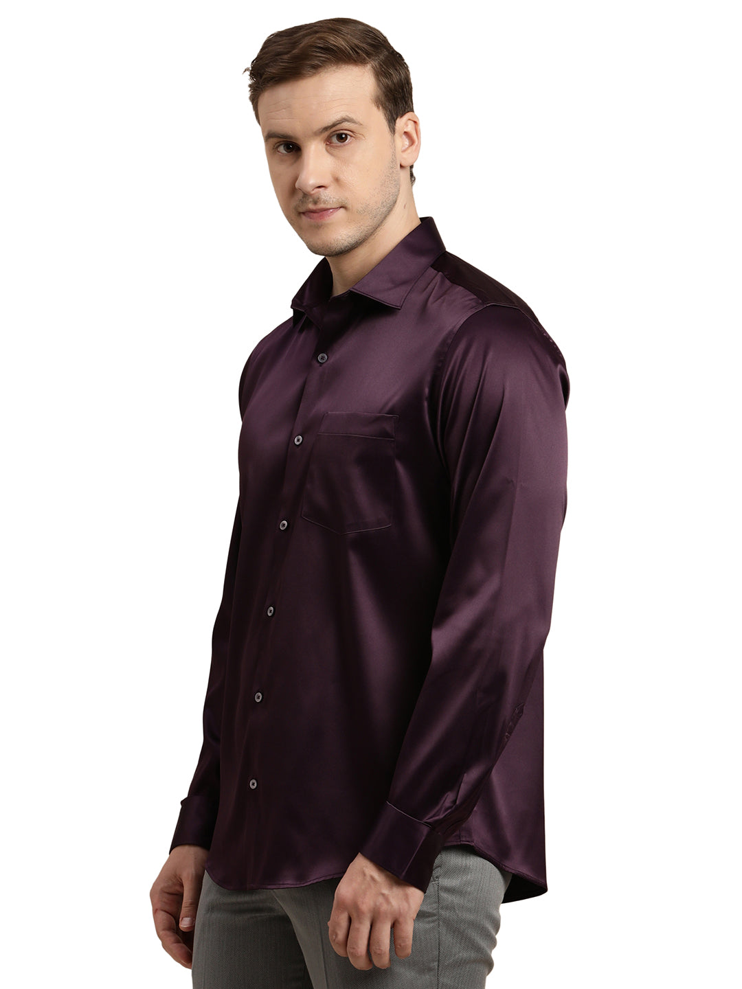 Poly Satin Purple Plain Slim Fit Full Sleeve Ceremonial Shirt