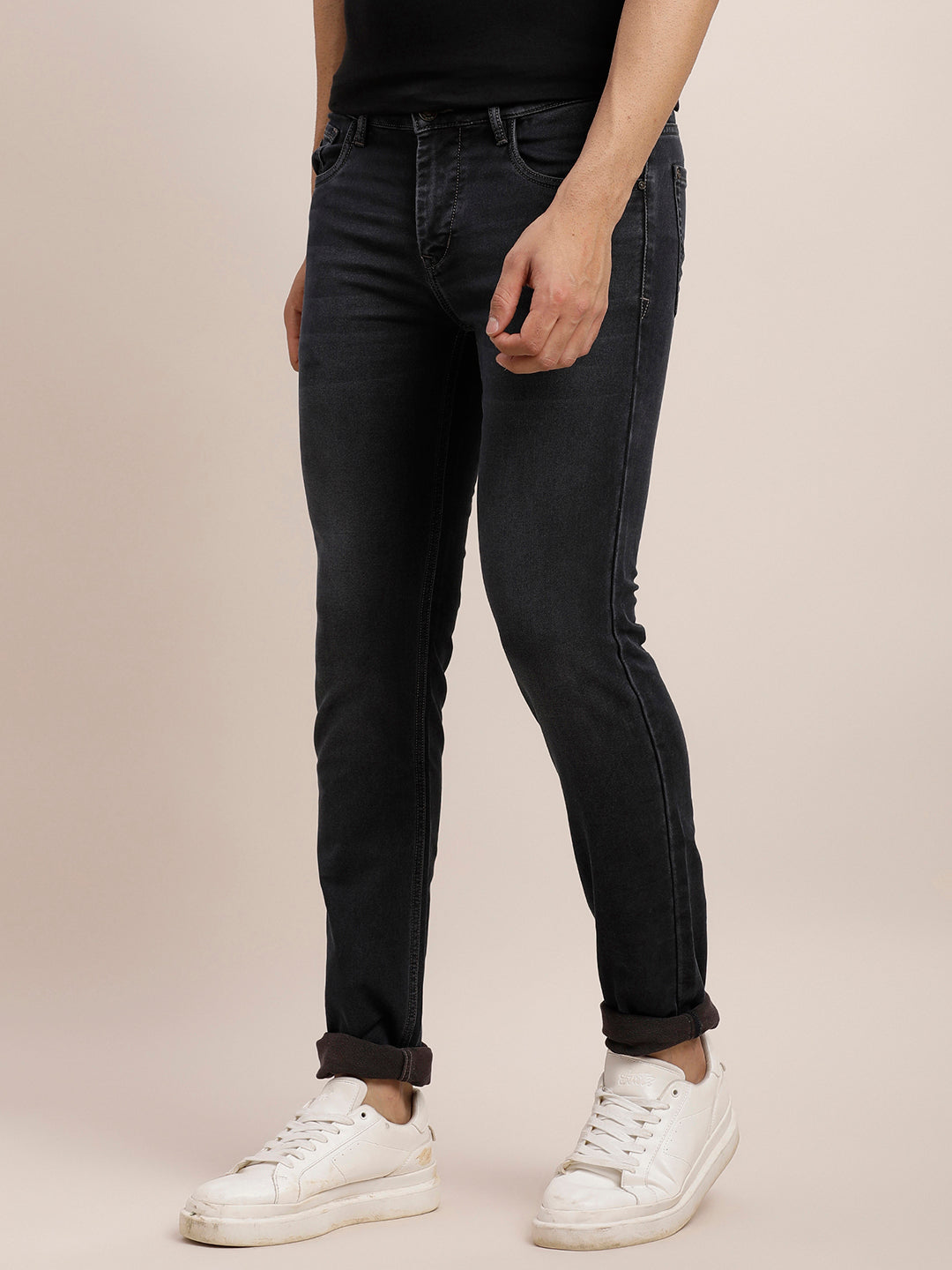 Cotton Stretch Navy Blue Plain Narrow Fit Flat Front Casual Jeans