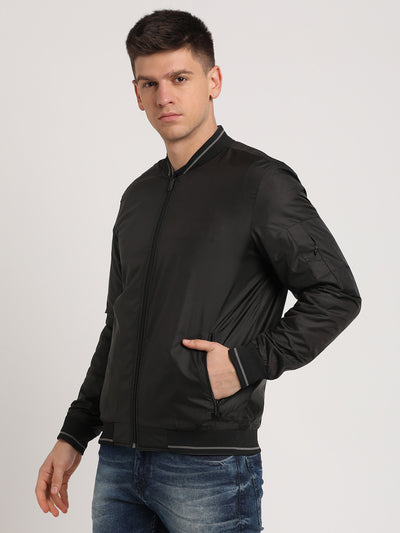 Polyester Solid Black & Brown Zipper Reversible Windcheater Jacket