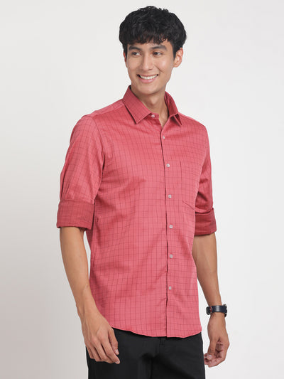 100% Cotton Red Checkered Slim Fit Full Sleeve Formal Shirt