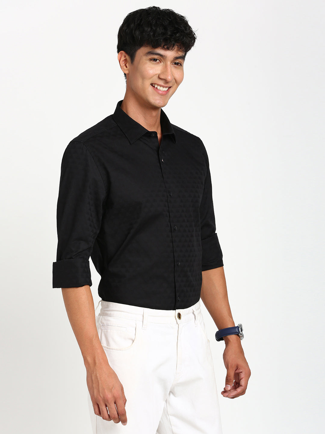 100% Cotton Black Jacquard Slim Fit Full Sleeve Ceremonial Shirt