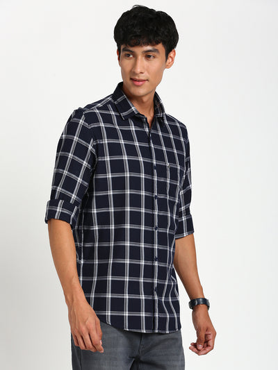 100% Cotton Navy Blue Checkered Slim Fit Full Sleeve Casual Shirt