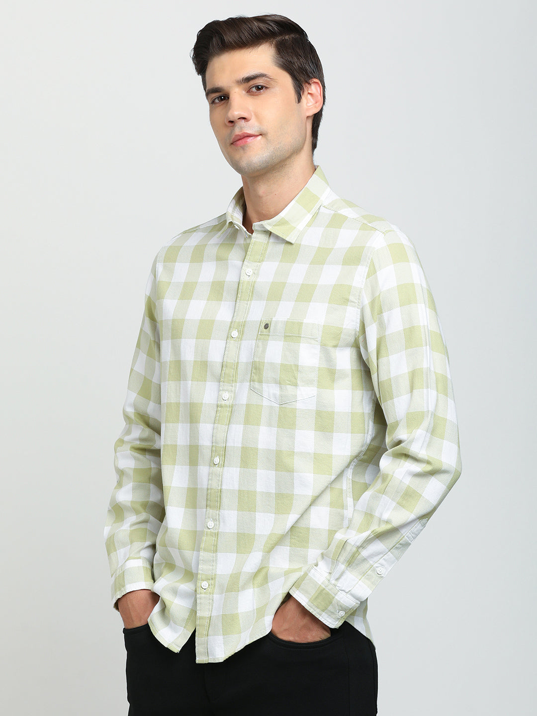 100% Cotton Pista Checkered Slim Fit Full Sleeve Casual Shirt