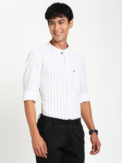 Cotton Linen White Striped Slim Fit Full Sleeve Casual Shirt