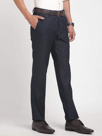 Cotton Stretch Navy Blue Dobby Ultra Slim Fit Flat Front Formal Trouser