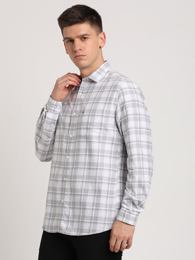 Cotton Melange Grey Checkered Slim Fit Full Sleeve Casual Shirt