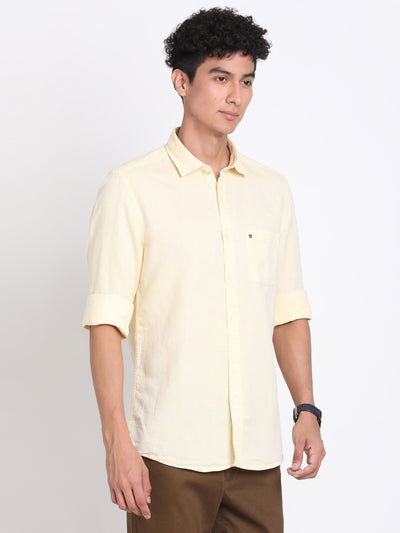 Cotton Linen Yellow Plain Slim Fit Full Sleeve Casual Shirt