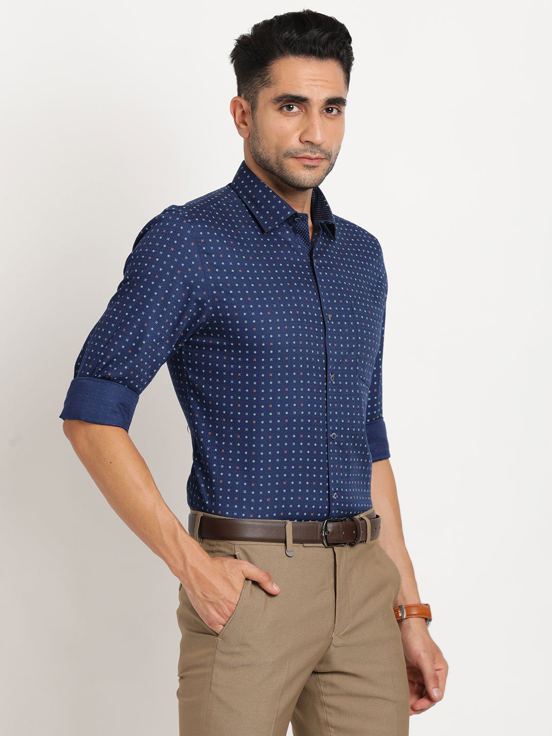 100% Cotton Navy Blue Printed Slim Fit Full Sleeve Formal Shirt