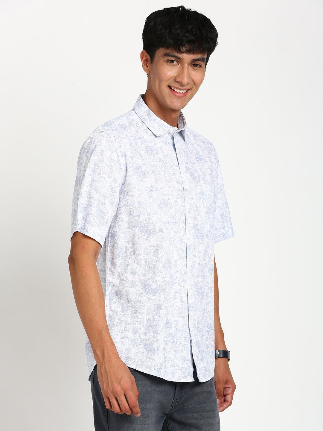 Cotton Tencel White Printed Slim Fit Half Sleeve Casual Shirt