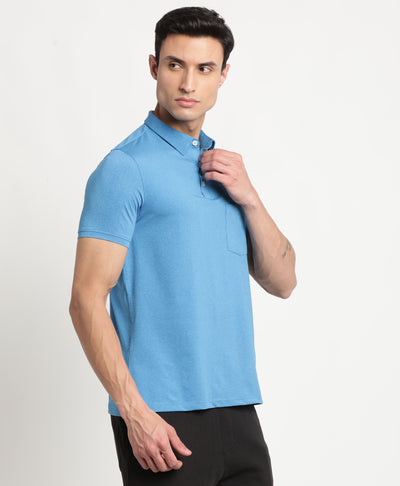 Poly Spandex Melange Blue Plain Polo Neck Half Sleeve Active T-Shirt
