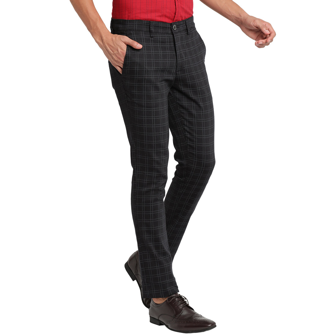 Turtle Men Black Narrow Fit Checked Casual Trousers