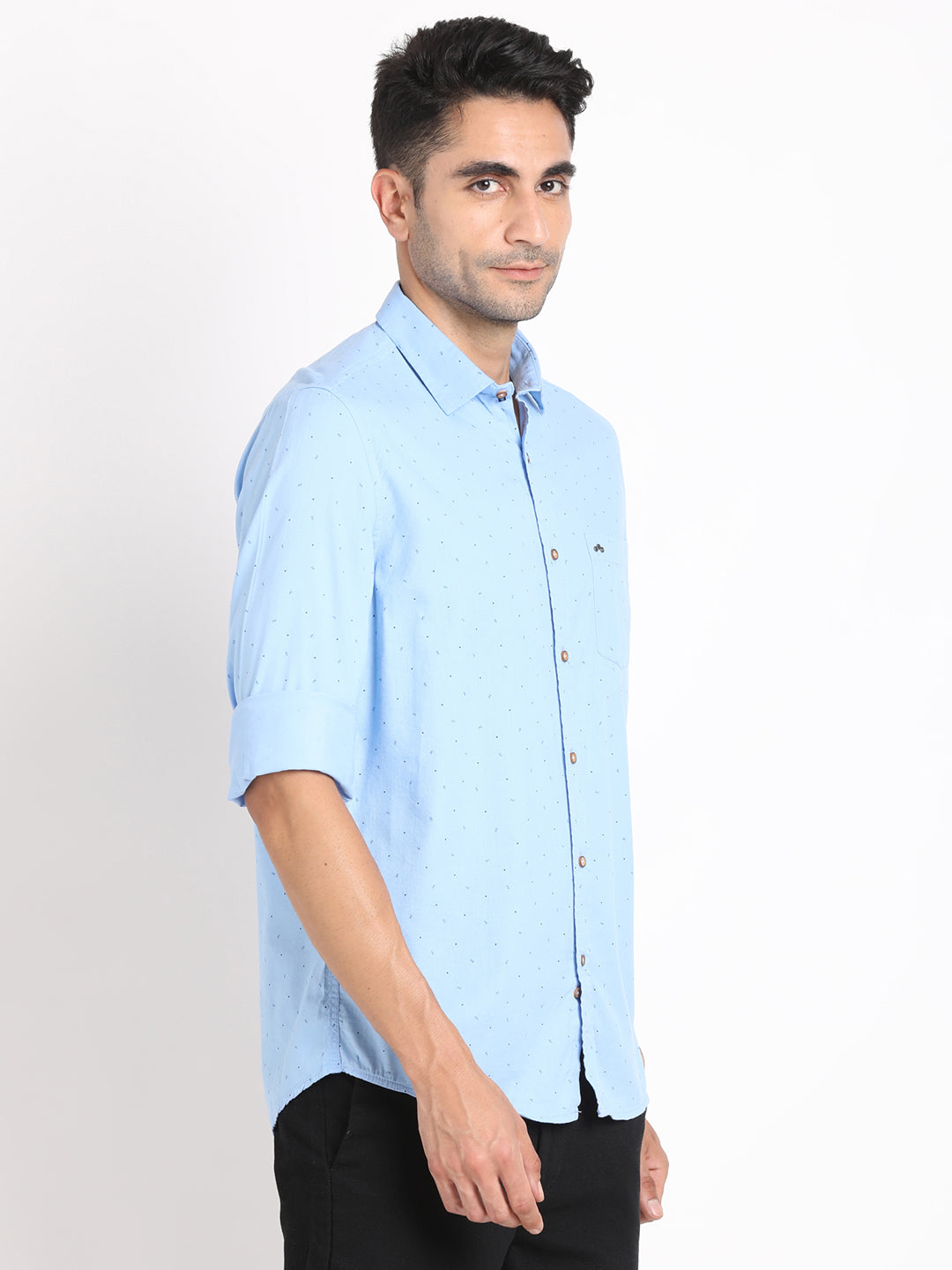 Cotton Tencel Sky Blue Printed Slim Fit Full Sleeve Casual Shirt