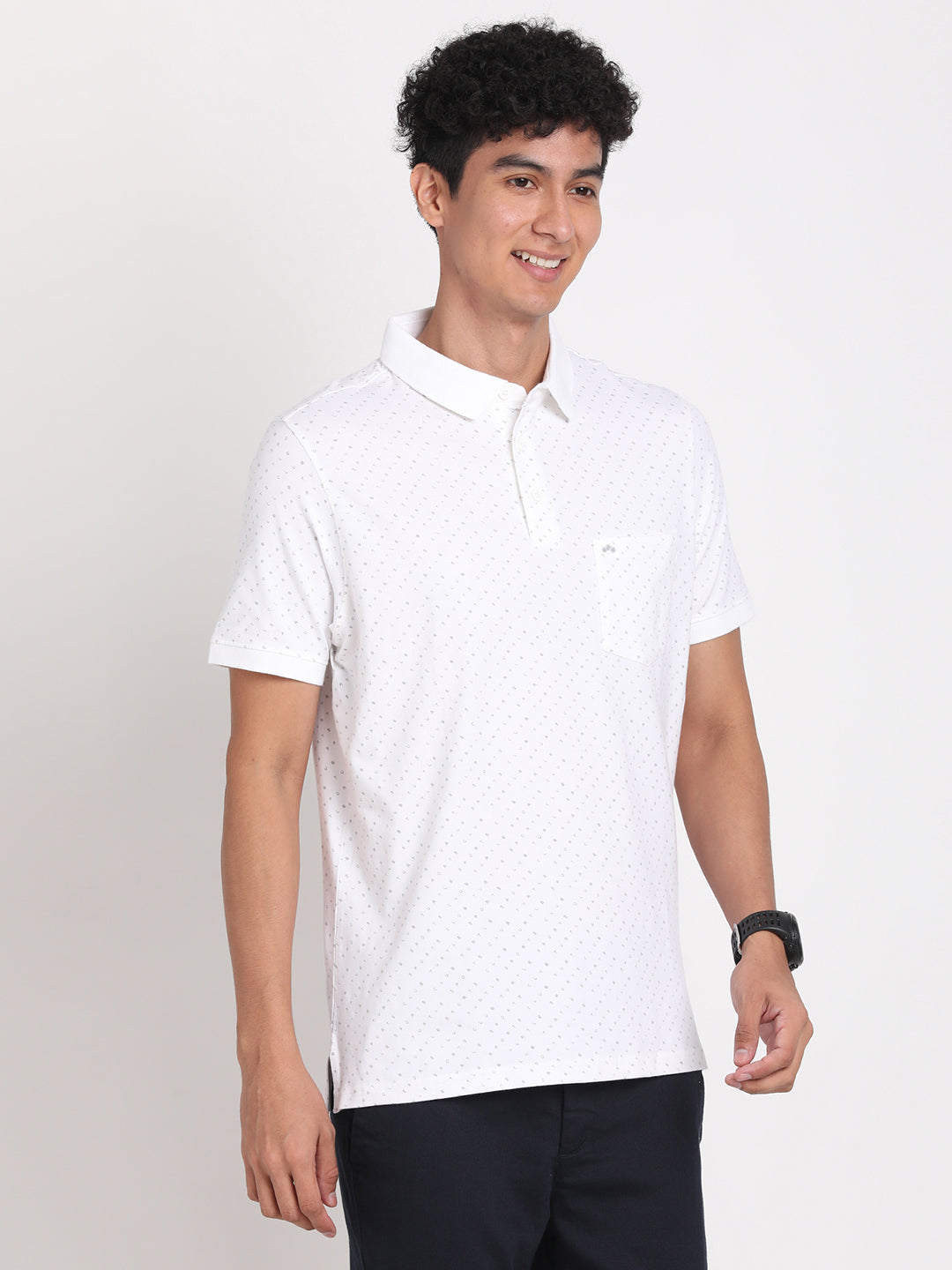 Cotton Stretch White Printed Polo Neck Half Sleeve Casual T-Shirt