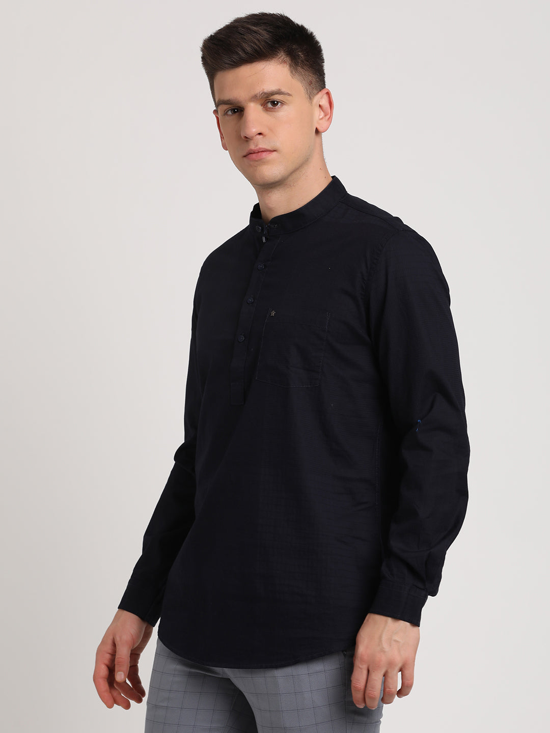 100% Cotton Navy Plain Kurta Full Sleeve Casual Shirt