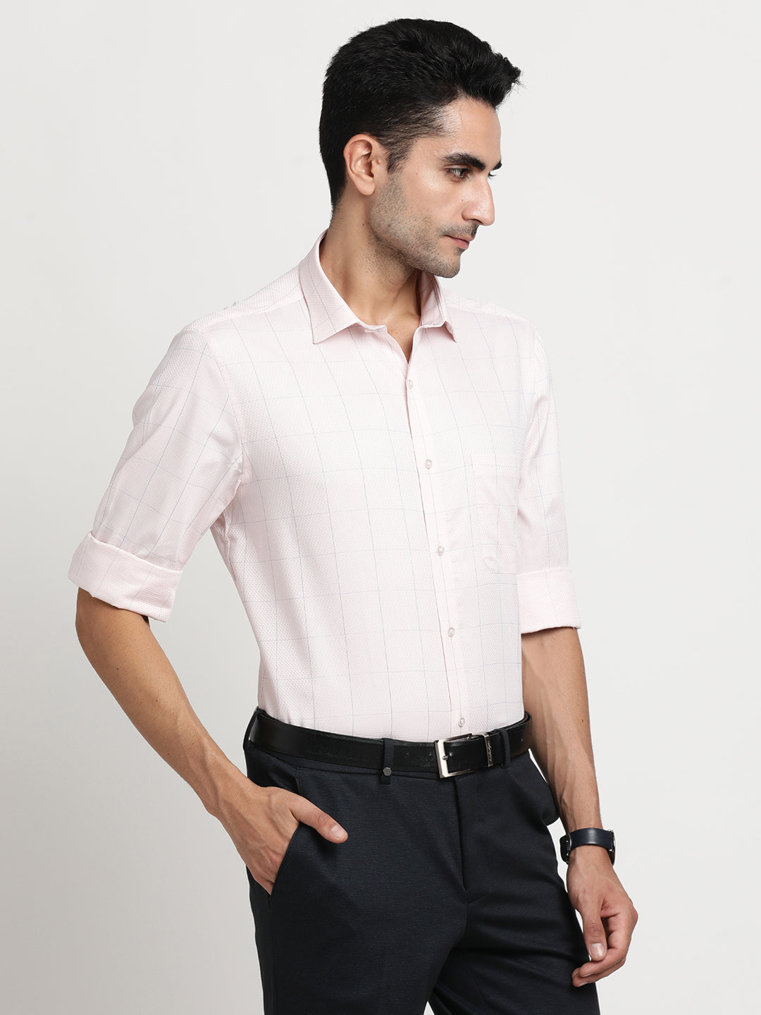 100% Cotton Light Pink Checkered Slim Fit Full Sleeve Formal Shirt
