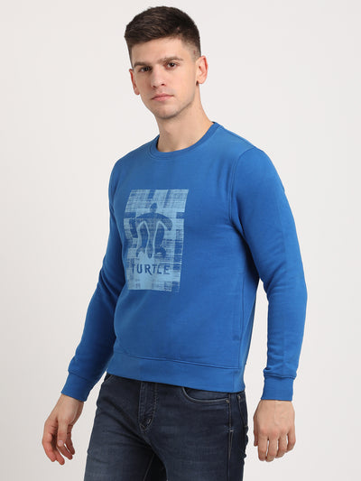 Cotton Stretch Blue Plain Regular Fit Full Sleeve Casual Pullover