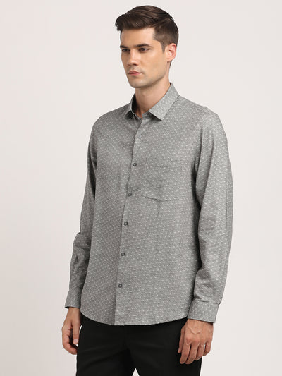Cotton Melange Grey Printed Slim Fit Full Sleeve Formal Shirt