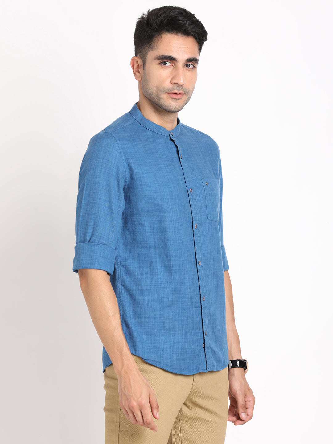 Cotton Lyocell Blue Plain Slim Fit Full Sleeve Casual Shirt