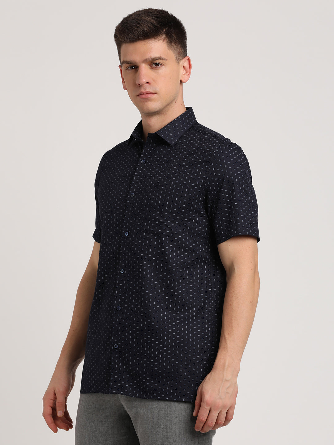 100% Cotton Navy Printed Regular Fit Half Sleeve Formal Shirt