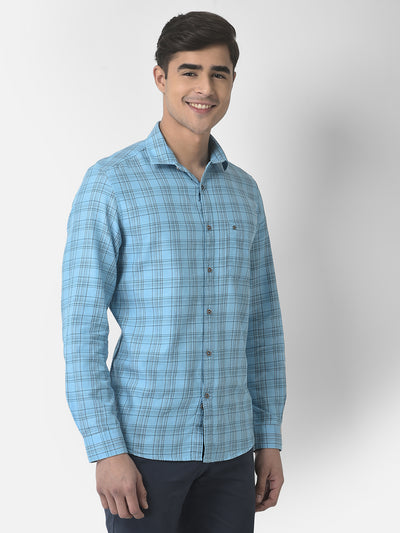 Cotton Melange Blue Checkered Slim Fit Full Sleeve Casual Shirt