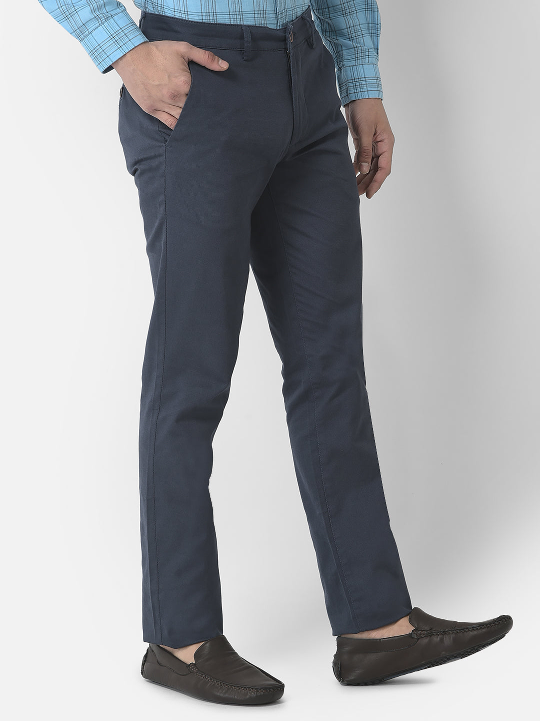 Cotton Stretch Blue Dobby Ultra Slim Fit Flat Front Casual Trouser