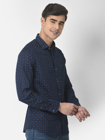 100% Cotton Indigo Navy Blue Printed Slim Fit Full Sleeve Casual Shirt