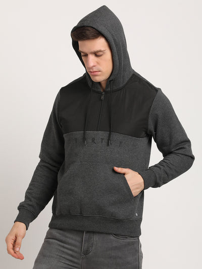 Poly Cotton Grey Striped Regular Fit Full Sleeve Casual Hoodie Sweatshirt